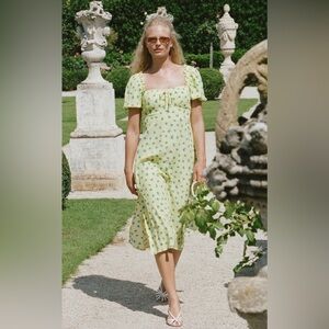 Faithfull The Brand Bette‎ Yellow with Blue Flowers Summer Midi Dress US 6